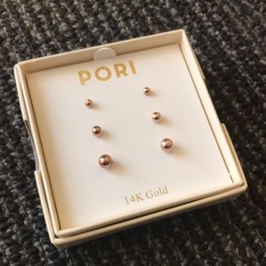 NWT - 14k Rose Gold Solid Set of 3 Stud Earrings - PORI Brand